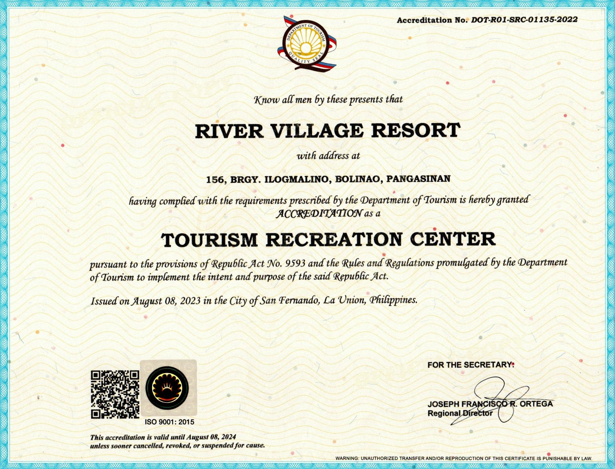 River Village Department of Tourism Accreditation Certificate